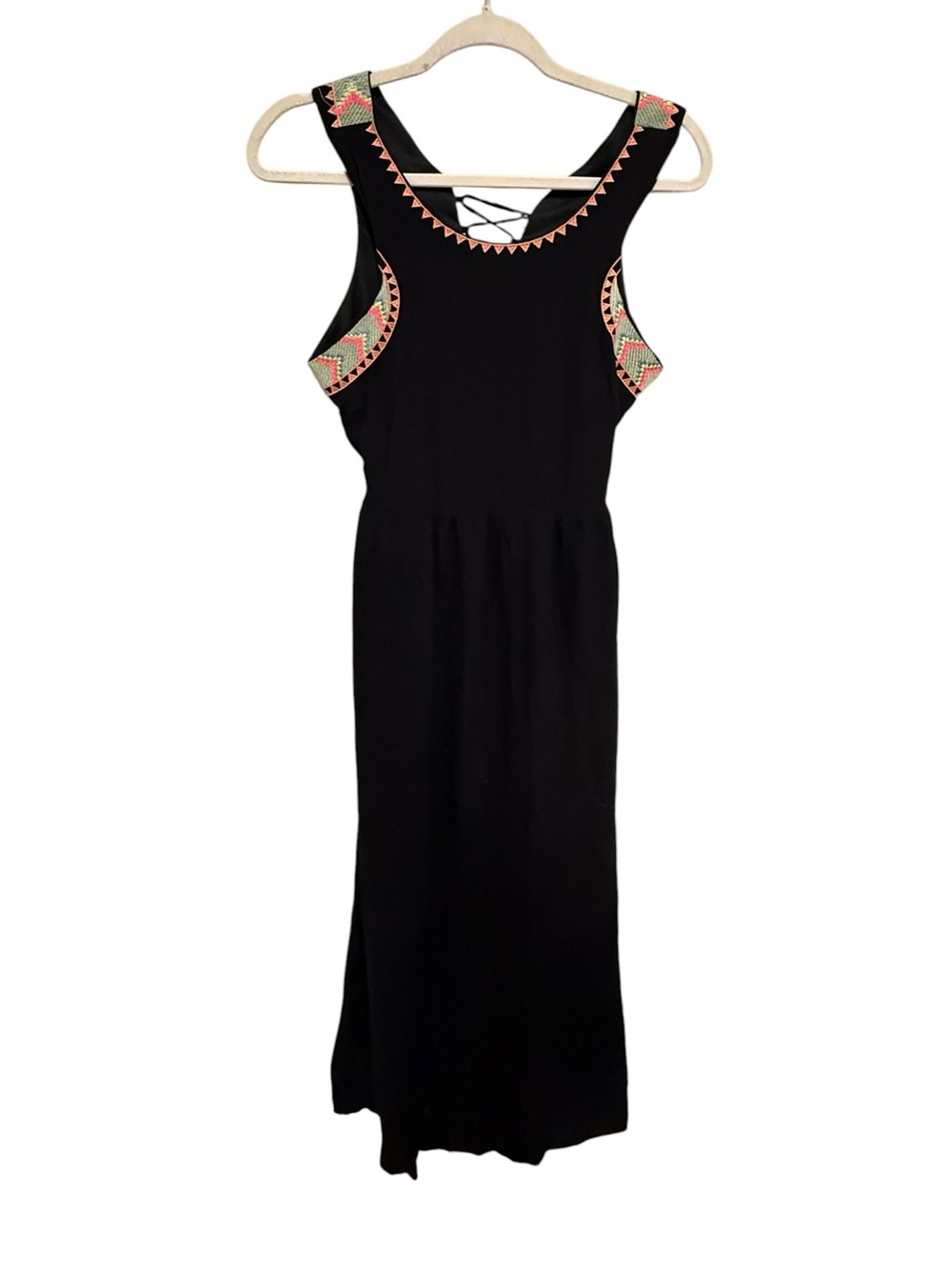 Lulumari Black Maxi Dress with Coral & Green Embroidered Trim - Size Medium